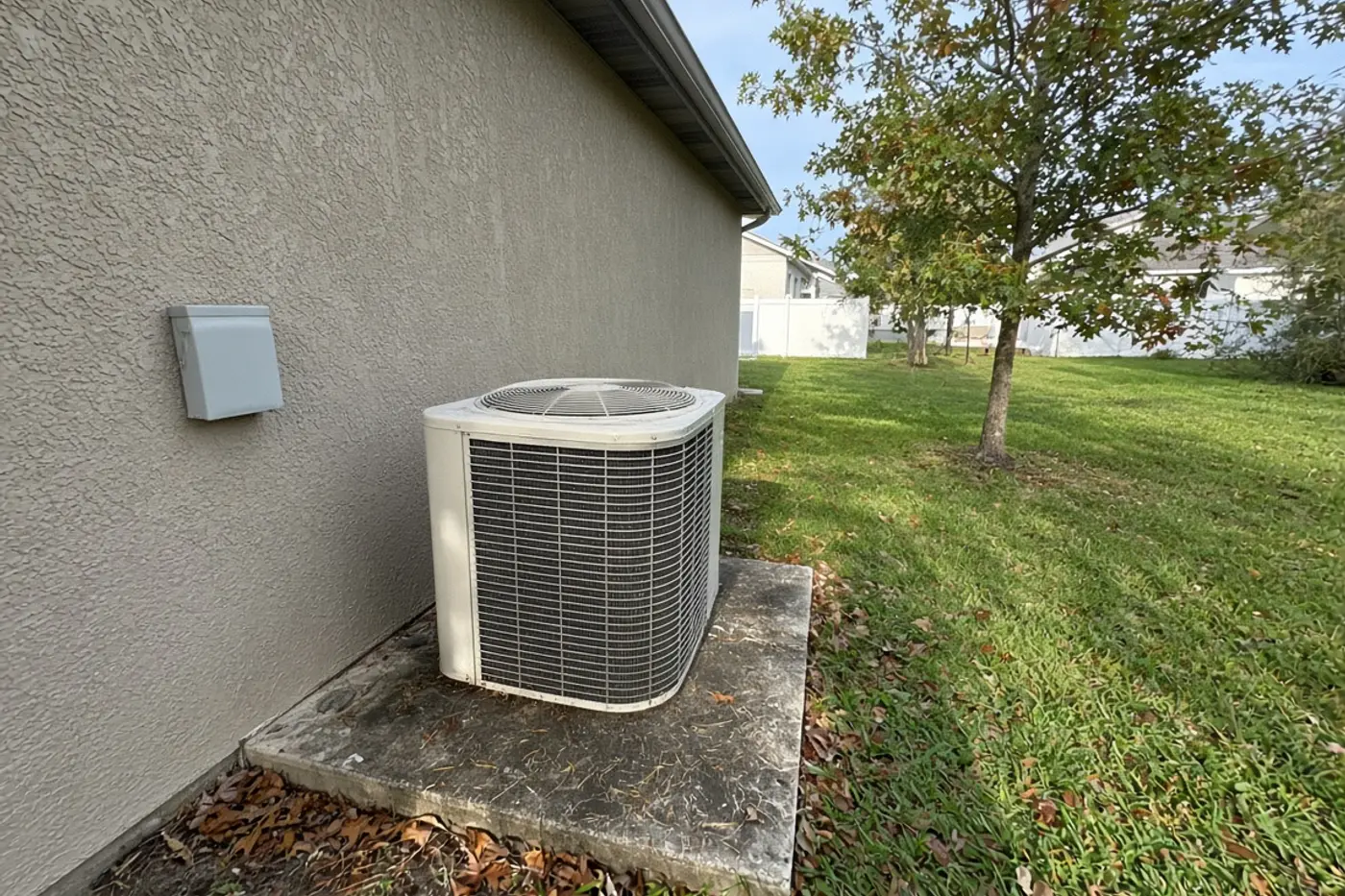 Outdoor condenser beside a Wesley Chapel house in October, before switching from AC to heat