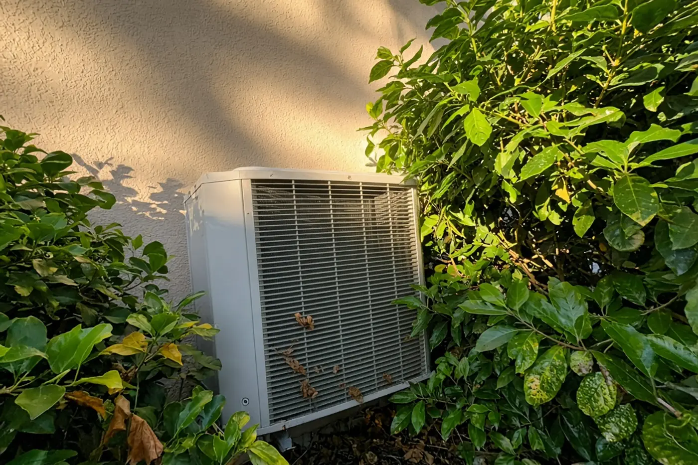 Outdoor condenser boxed in by shrubs, a common AC repair find in Wesley Chapel