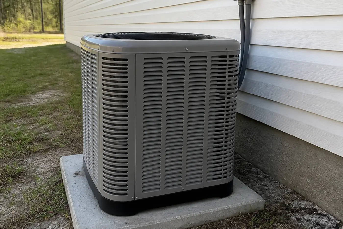 Newer outdoor condenser on a pad in a Zephyrhills master-planned neighborhood